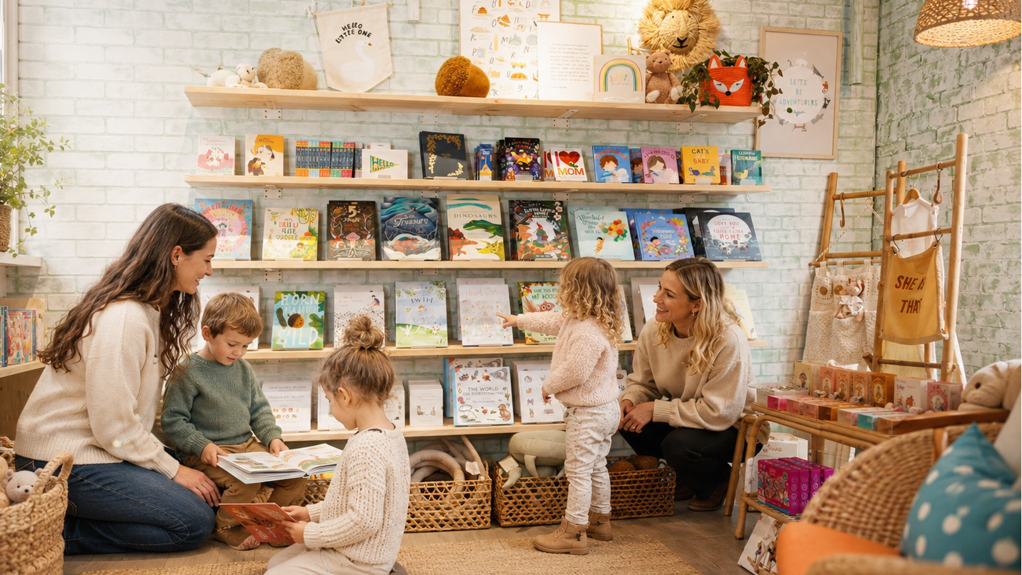 Curated baby and toddler products at Village Acorn, including organic cotton clothing, plush toys, books, teethers, diaper bags, and natural children’s gifts.