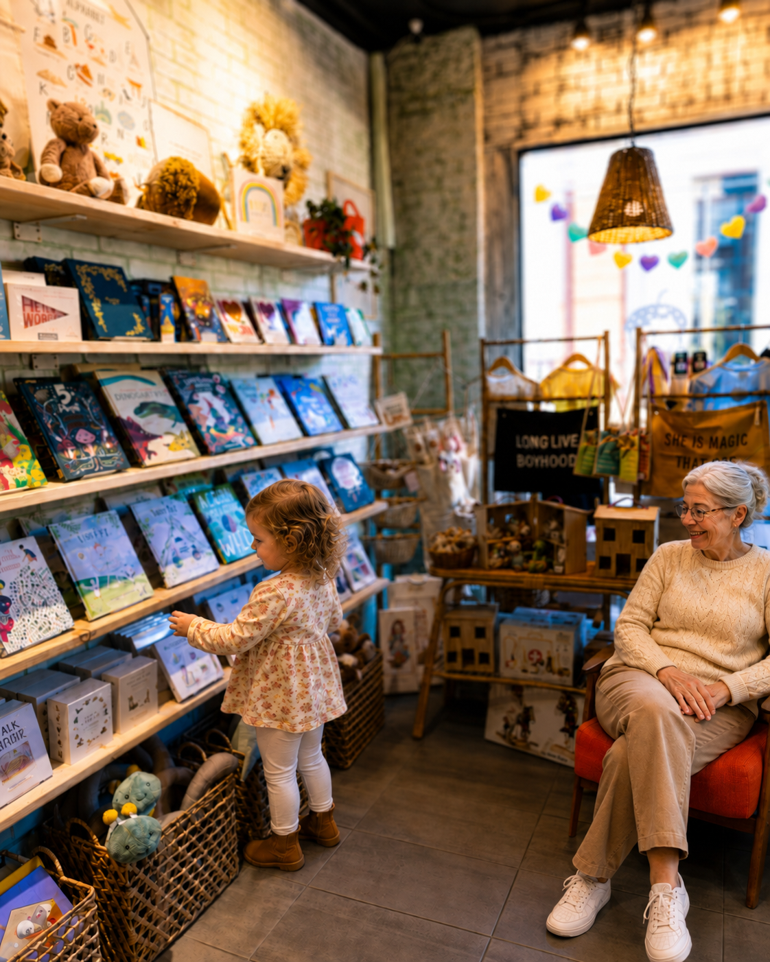 Inside Village Acorn in Warwick, New York, featuring curated baby clothing, children’s books, plush toys, wooden toys, and thoughtful gifts for little ones.