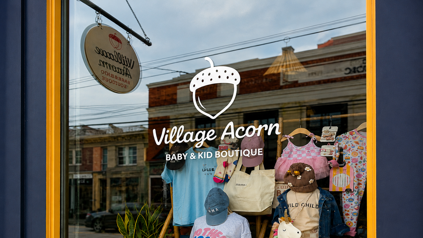 Village Acorn baby and kid boutique storefront in Warwick, NY with children’s clothing, toys, books, and gifts displayed in the window.